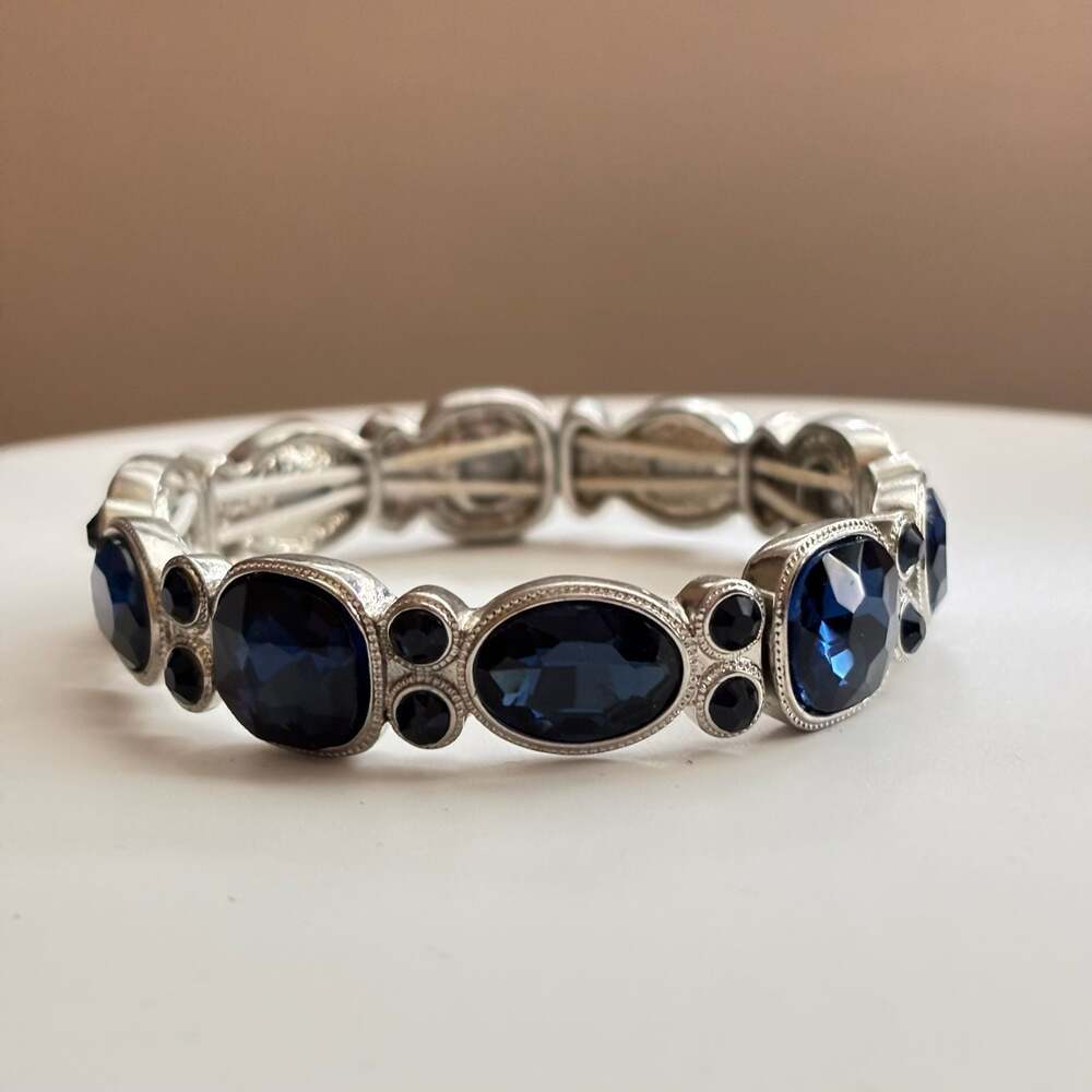 Silver Tone Blue Crystal Stretch Bracelet